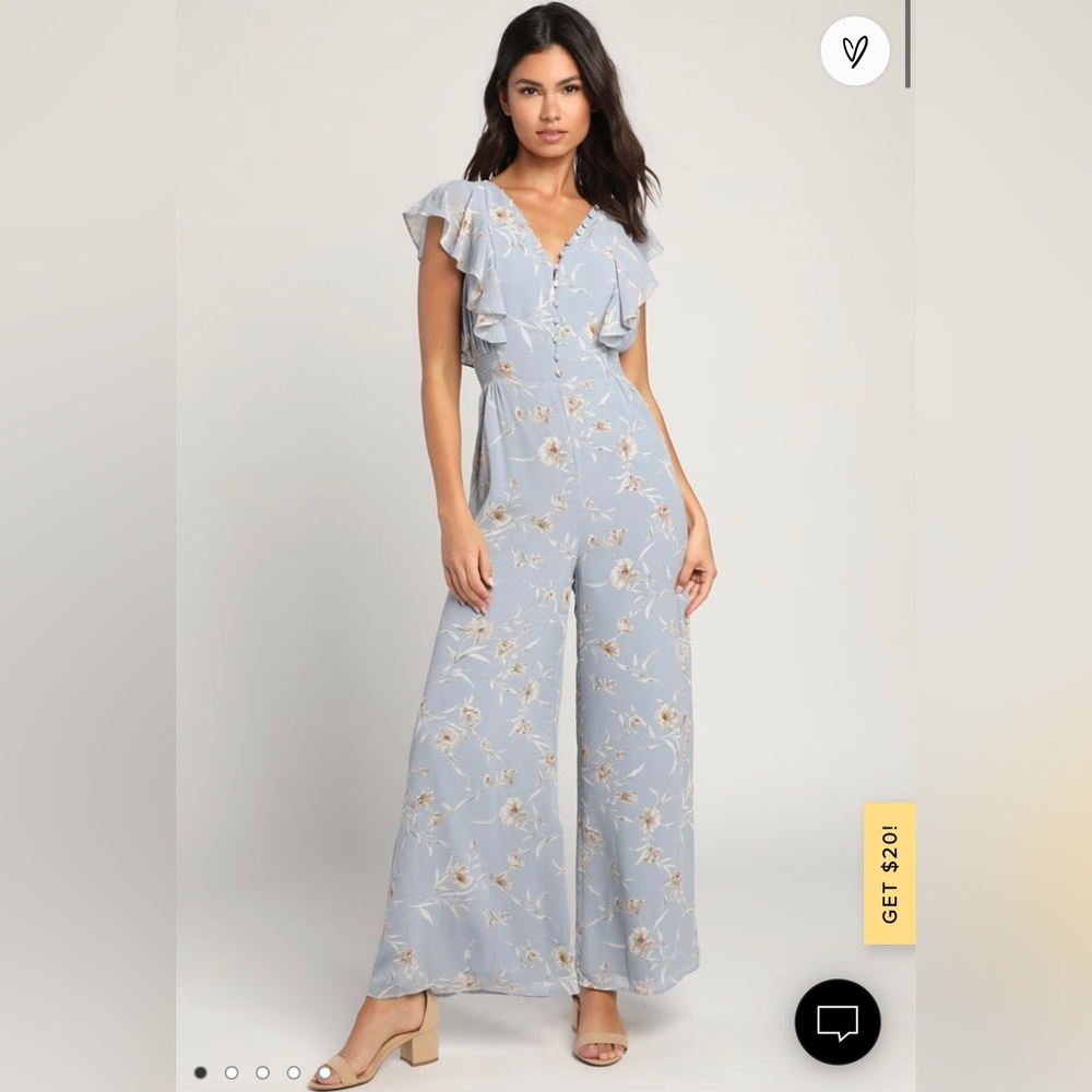 Dreamy Daytime Blue Floral Print Ruffled Wide-Leg Jumpsuit